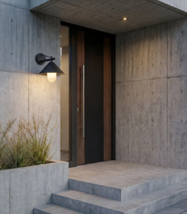 Lampada da parete per esterni nera con luce calda accanto a una porta d’ingresso in legno su una facciata in cemento.