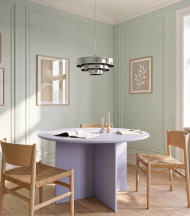 Tavolo da pranzo rotondo viola con base triangolare sotto una lampada a sospensione argentata a più livelli in una stanza verde pastello.
