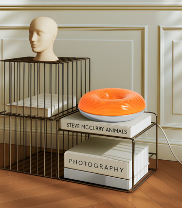 Moderna lampada da tavolo Lindby in arancione vivace su un sistema di mensole decorativo.