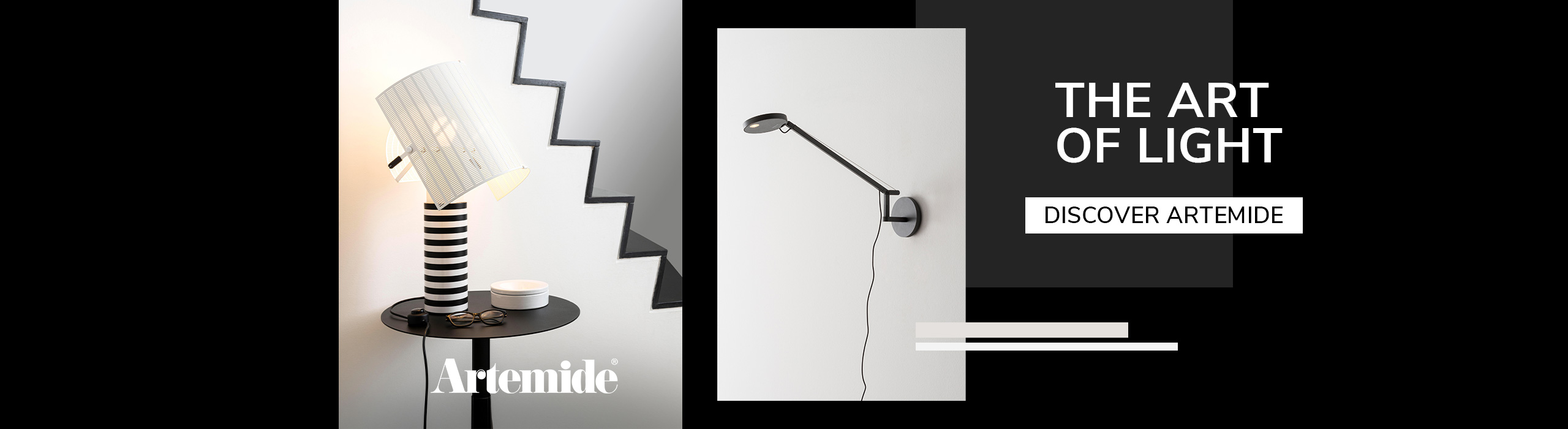 Artemide designer lamps including a striped table lamp with a tilted shade and a sleek wall-mounted light, emphasizing artistic modern lighting